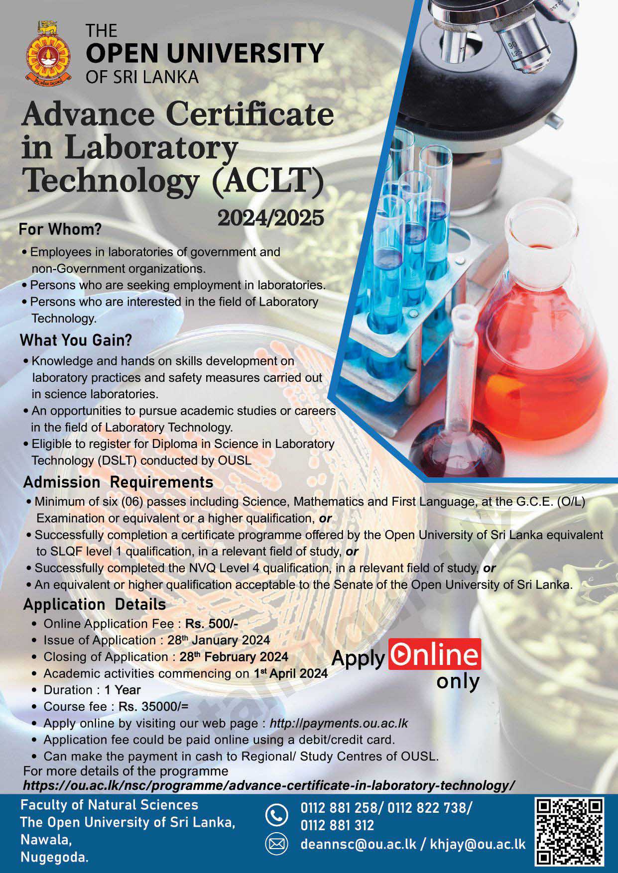 Advanced Certificate In Laboratory Technology ACLT 2024 Open   Advanced Certificate In Laboratory Technology ACLT 2024 Open University OUSL Ad 1 